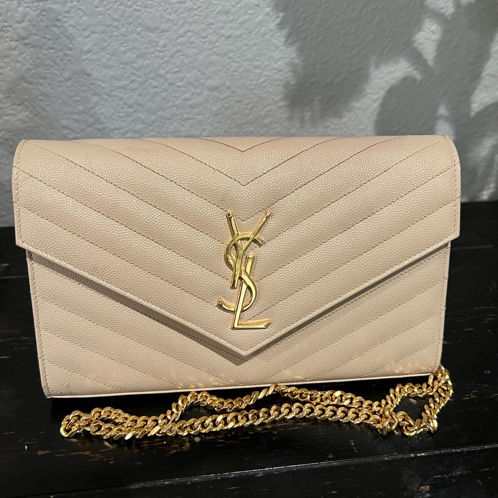 Small YSL Envelope Flap Wallet on Chain Beige